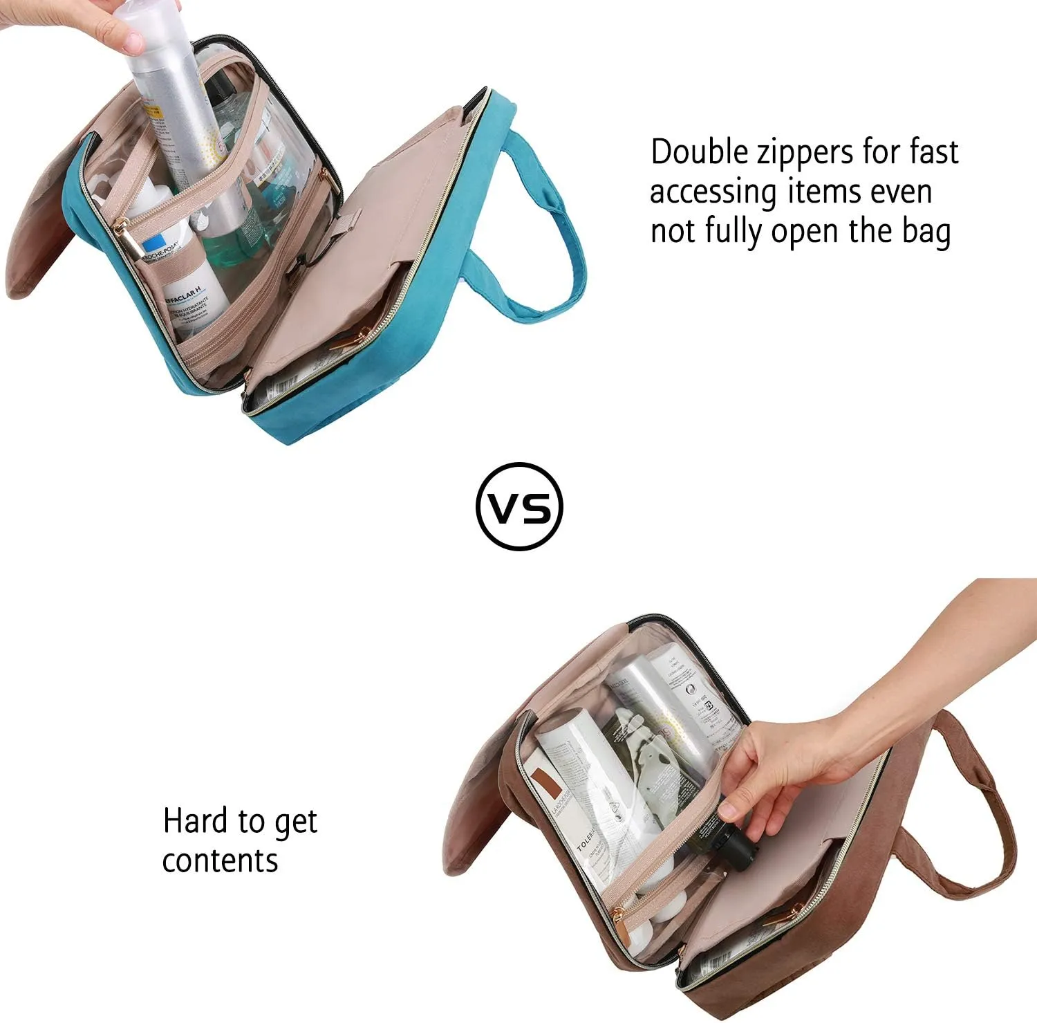 BAGSMART Toiletry Bag Travel Bag with hanging hook, Water-resistant Makeup Cosmetic Bag Travel Organizer for Accessories, Shampoo, Full Sized Container, Toiletries, Teal
