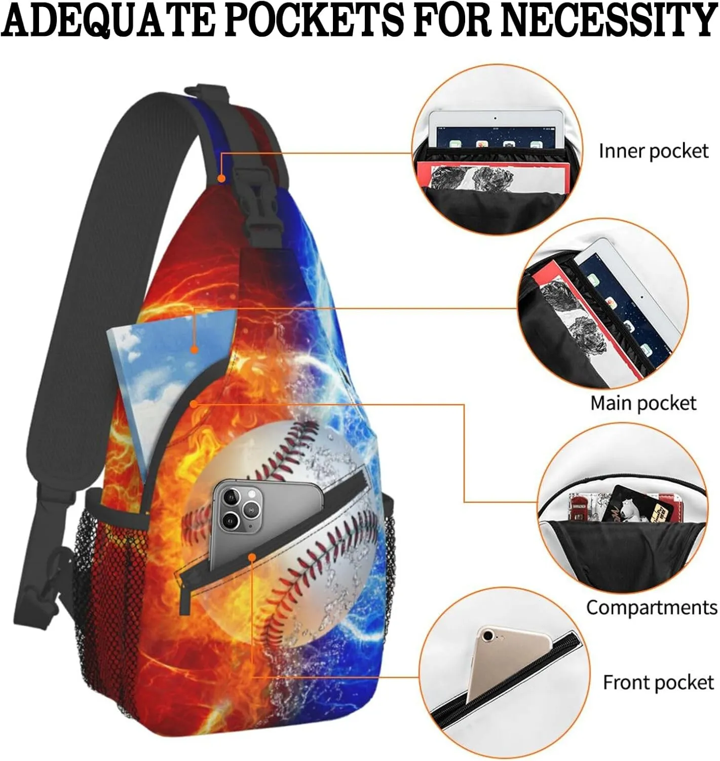 Baseball Sling Bag Sport Ball Sling Backpack Water Fire Print Baseball Crossbody Bag Men Casual Shoulder Daypack for Women Men Lightweight Travel Hiking Gym Outdoor Camping Casual Sport