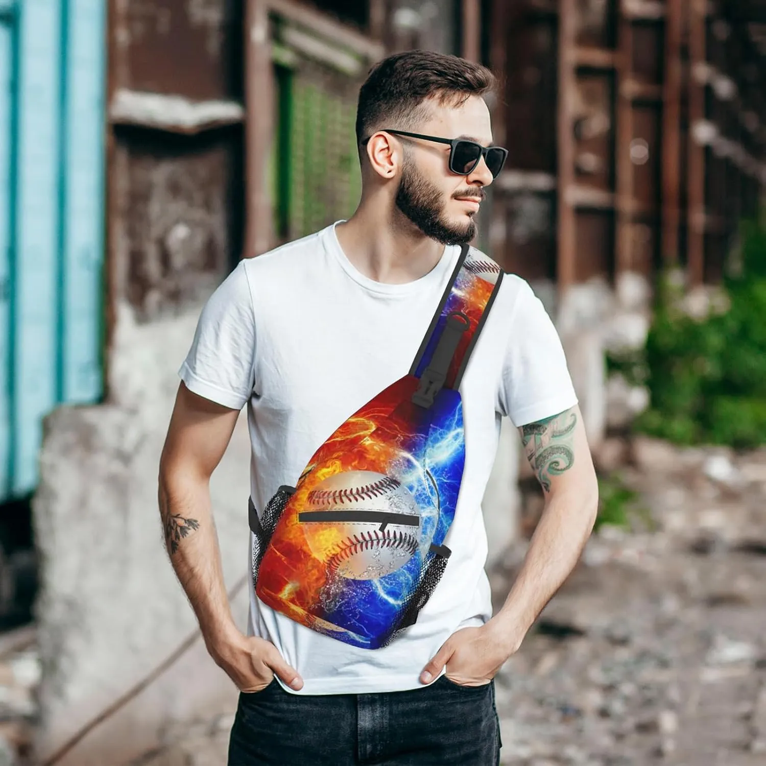 Baseball Sling Bag Sport Ball Sling Backpack Water Fire Print Baseball Crossbody Bag Men Casual Shoulder Daypack for Women Men Lightweight Travel Hiking Gym Outdoor Camping Casual Sport