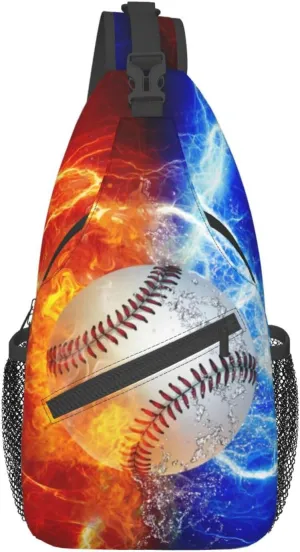Baseball Sling Bag Sport Ball Sling Backpack Water Fire Print Baseball Crossbody Bag Men Casual Shoulder Daypack for Women Men Lightweight Travel Hiking Gym Outdoor Camping Casual Sport