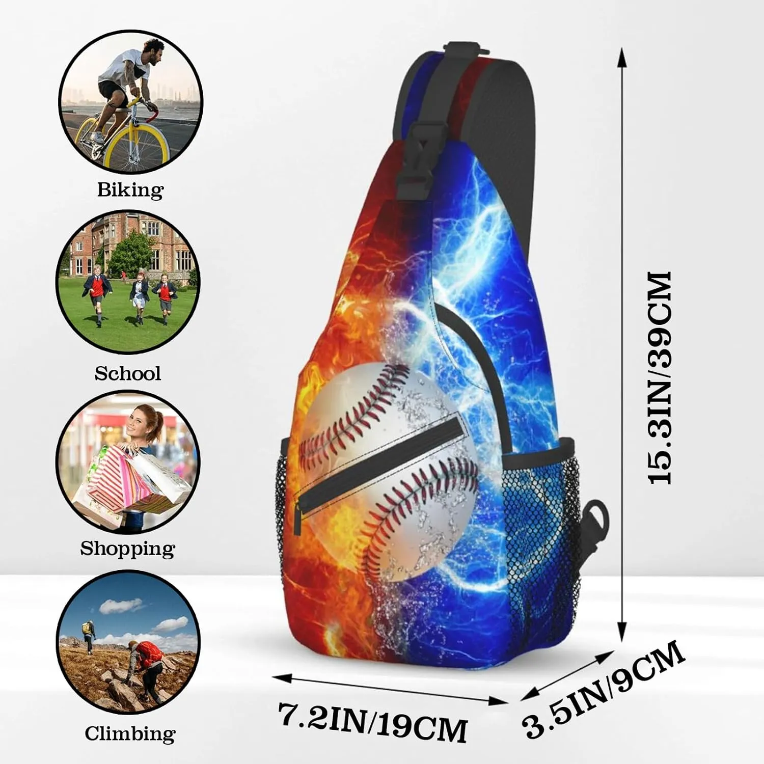 Baseball Sling Bag Sport Ball Sling Backpack Water Fire Print Baseball Crossbody Bag Men Casual Shoulder Daypack for Women Men Lightweight Travel Hiking Gym Outdoor Camping Casual Sport