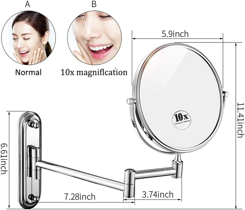 Bathroom Makeup Mirrors Wall Mounted Brass Double Sided 360° Swivel Magnifying Vanity Shaving Extendable Adjustable (Color : 6inch, Size : 7X)