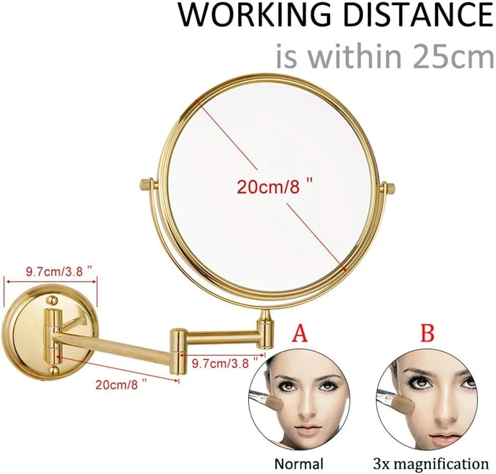 Bathroom Makeup Mirrors Wall Mounted Magnifying Sturdy Double Sided Adjustable Cosmetic Shaving Vanity Extendable Swivel (Color : Gold, Size : 3X)