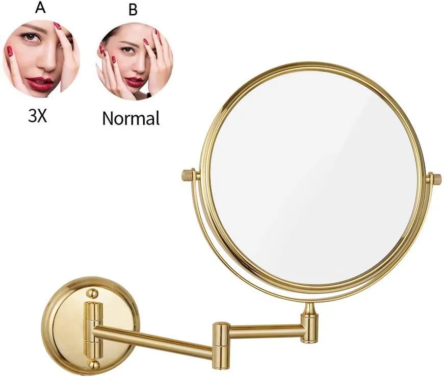 Bathroom Makeup Mirrors Wall Mounted Magnifying Sturdy Double Sided Adjustable Cosmetic Shaving Vanity Extendable Swivel (Color : Gold, Size : 3X)