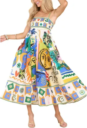 Beach Dresses for Women 2025 Vacation Spaghetti Strap Graffiti Maxi Dress Graphic A Line Swing Long Cami Dress