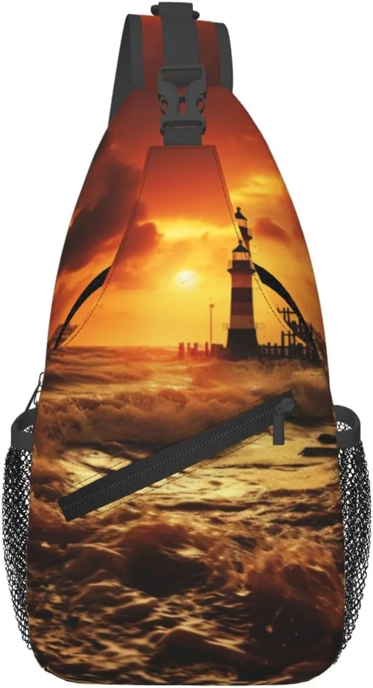 Beach Lighthouse Men'S Casual Chest Crossbody Bag, Lightweight Durable Shoulder Sling Pack For Daily Use, Travel, And Outdoor.