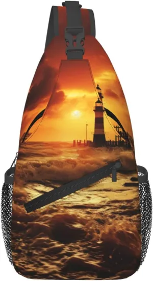 Beach Lighthouse Men'S Casual Chest Crossbody Bag, Lightweight Durable Shoulder Sling Pack For Daily Use, Travel, And Outdoor.