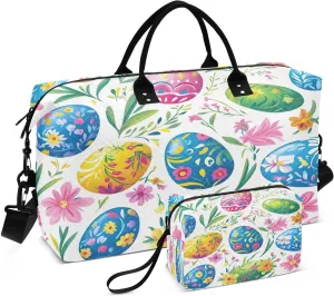 Beautiful Easter Eggs Travel Duffel Bags 2PCS,Sports Duffel Bags for Men Women,Weekender Overnight Bag Gym Tote Bag with Toiletry Bag