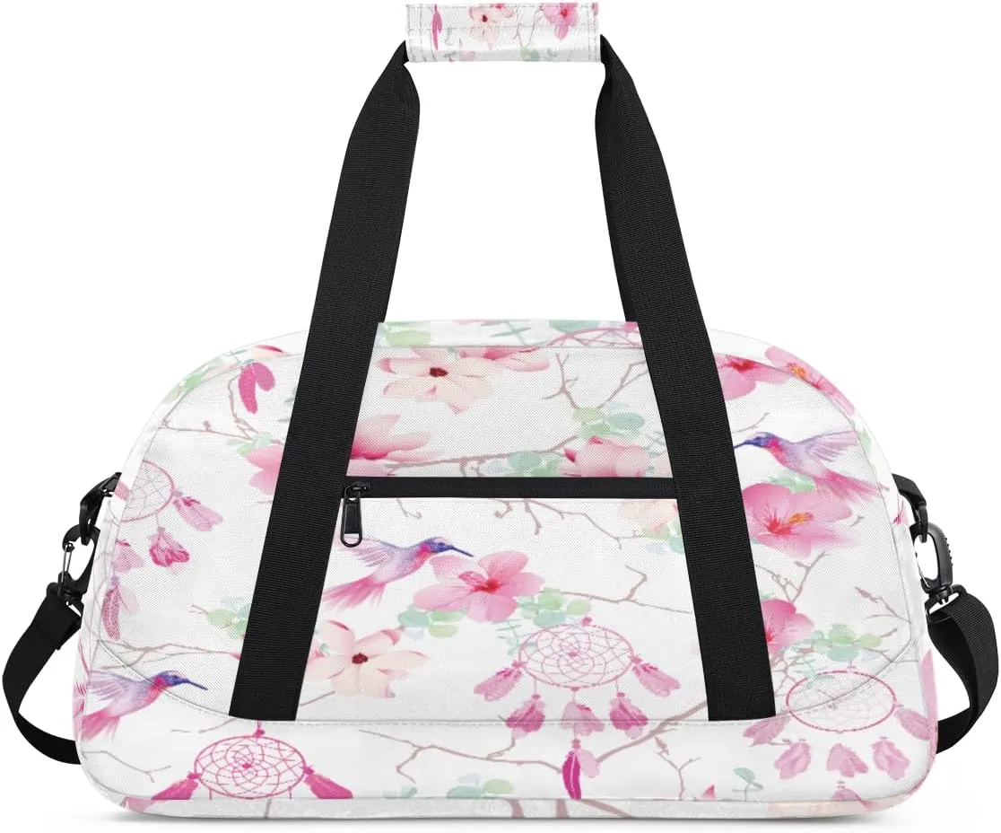 Beautiful Hummingbird Gym Duffel Bag for Men Women Dreamcatcher Flower Sports Tote Bag with Adjustable Shoulder Strap for Dance Gymnastics Traveling Outdoor Camping Overnight Stay