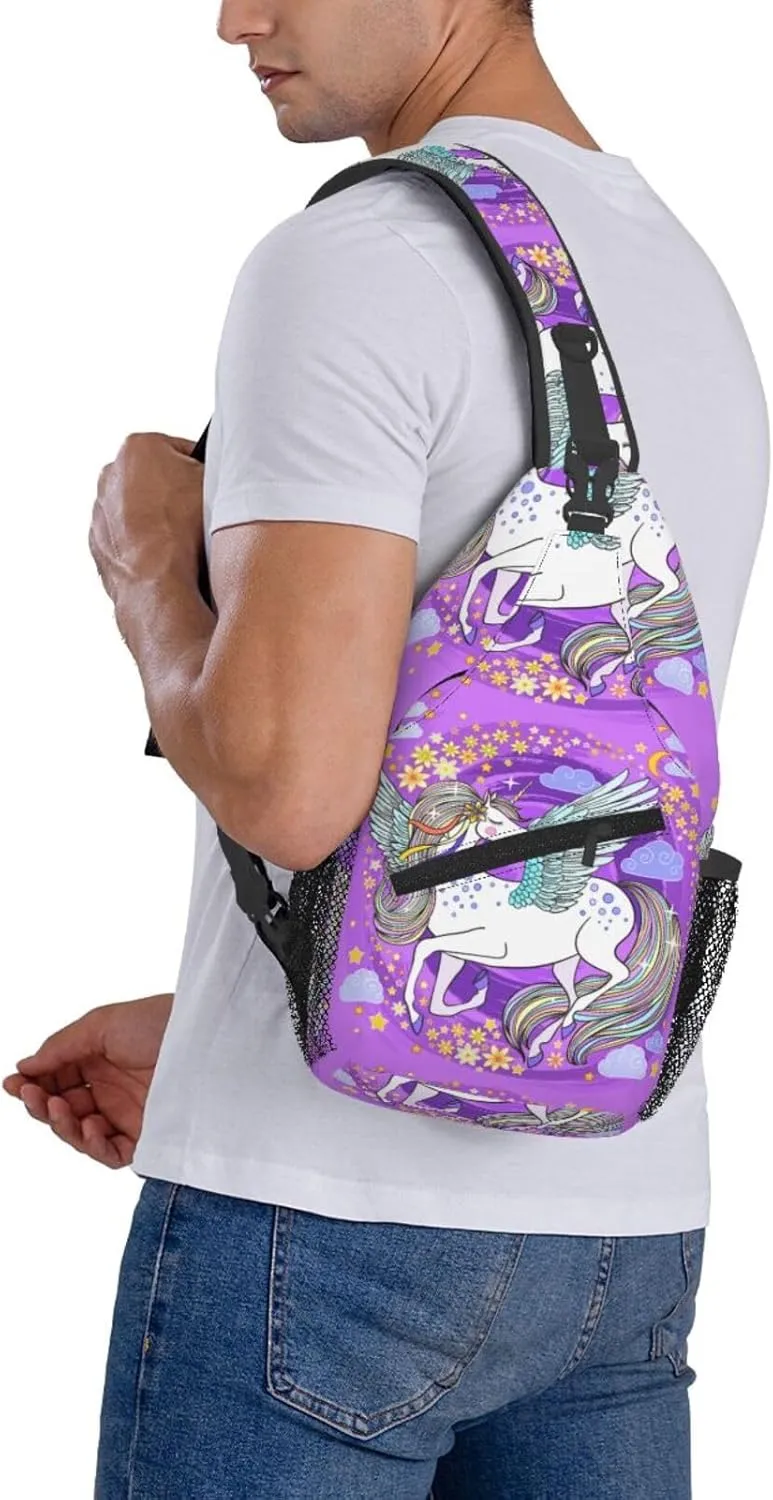 Beautiful Unicorns On A Pink Chest Sling Bag Crossbody Shoulder Backpack Bag Gym Cycling Daypack Travel Hiking Cross Bag