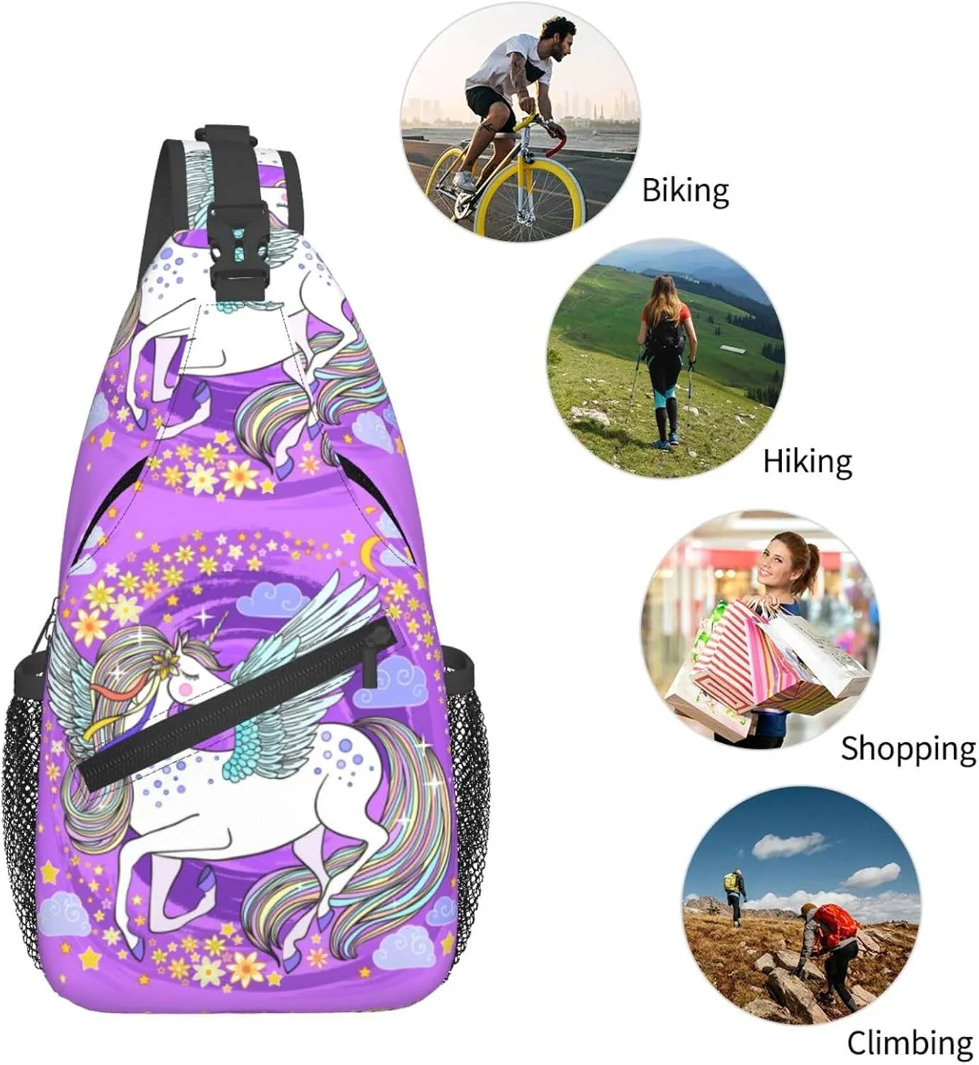 Beautiful Unicorns On A Pink Chest Sling Bag Crossbody Shoulder Backpack Bag Gym Cycling Daypack Travel Hiking Cross Bag
