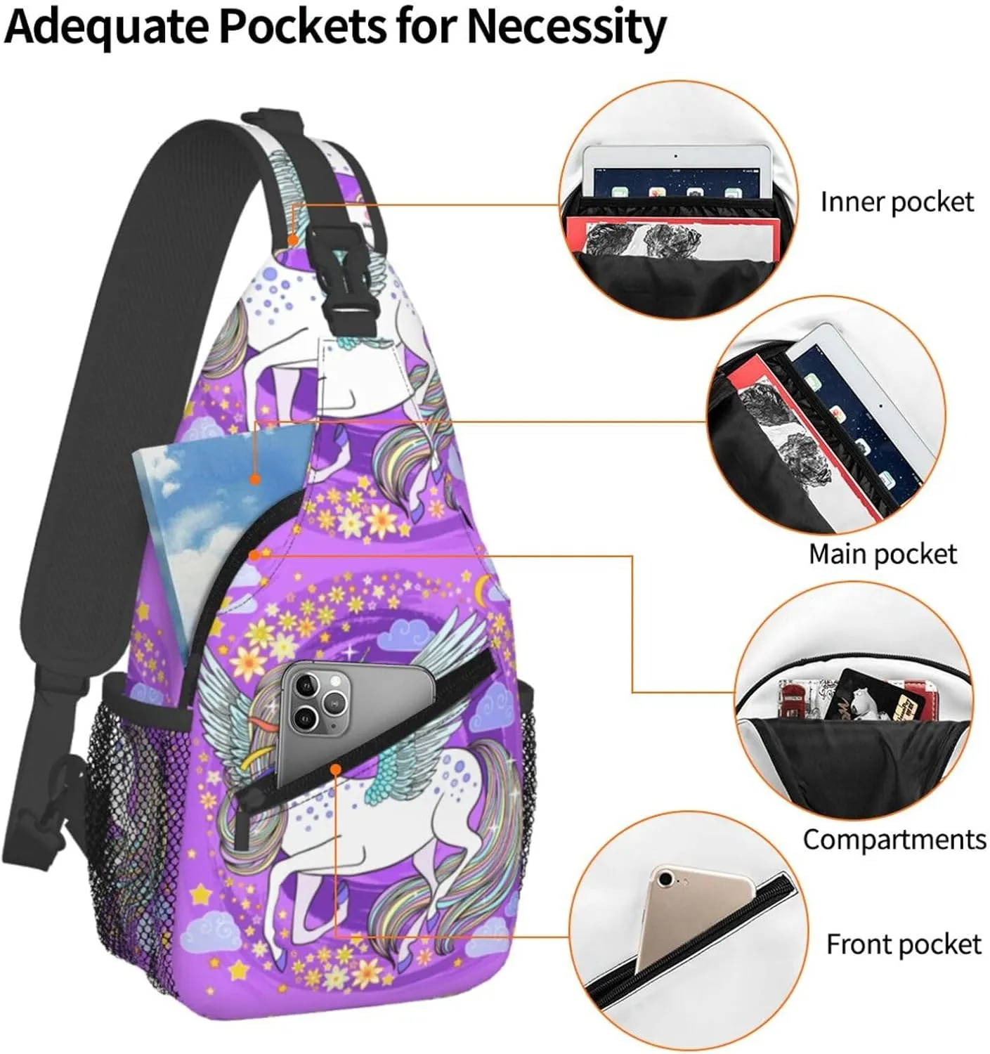 Beautiful Unicorns On A Pink Chest Sling Bag Crossbody Shoulder Backpack Bag Gym Cycling Daypack Travel Hiking Cross Bag