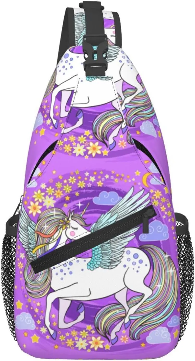 Beautiful Unicorns On A Pink Chest Sling Bag Crossbody Shoulder Backpack Bag Gym Cycling Daypack Travel Hiking Cross Bag