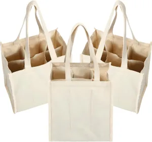 Berlune 3 Pcs Reusable 6 Bottle Wine Tote Bag with Divider Canvas Washable Portable Wine Carrier Tote Sturdy Bag for Grocery Bottle Carrier Holder for Travel Camping Picnic