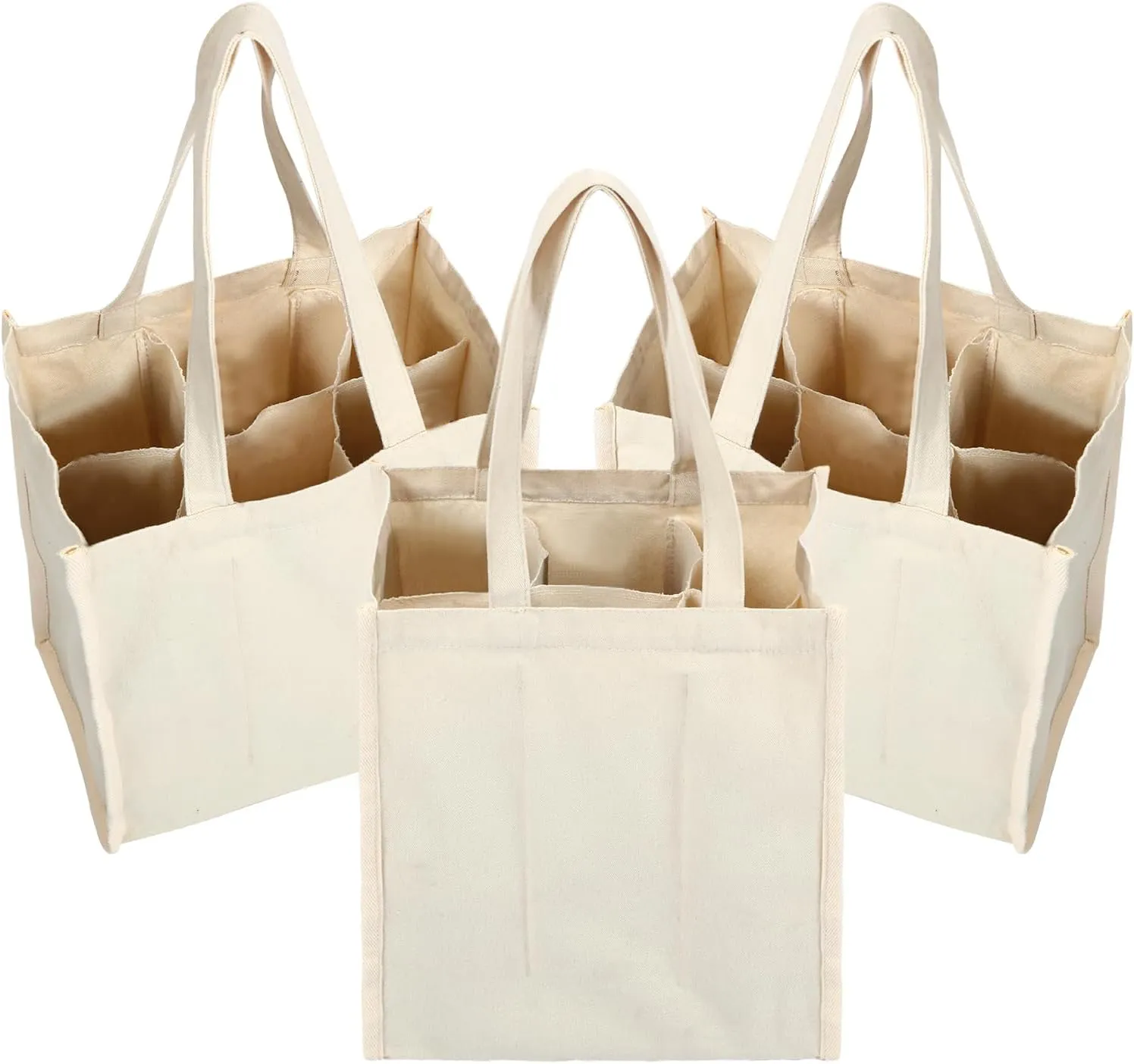 Berlune 3 Pcs Reusable 6 Bottle Wine Tote Bag with Divider Canvas Washable Portable Wine Carrier Tote Sturdy Bag for Grocery Bottle Carrier Holder for Travel Camping Picnic