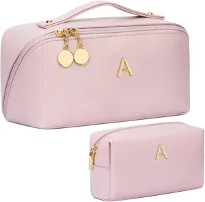 Birthday Gifts for Women Teen Girl, Personalized Initial Makeup Organizer Bag Set, Open Flat Travel Cosmetic Bag With Clear Divider and Handle(Pink,A)