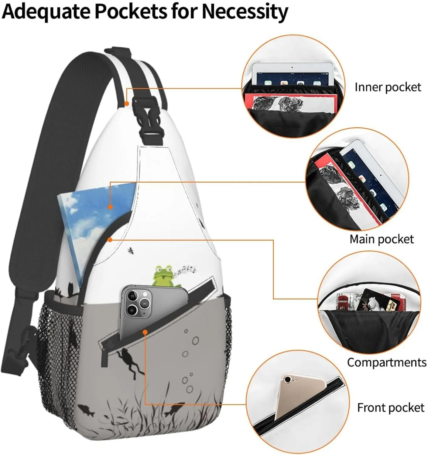 Black & White Frog Sling Bag - Crossbody Backpack for Women & Men - Hiking, Travel, Outdoor & Cycling