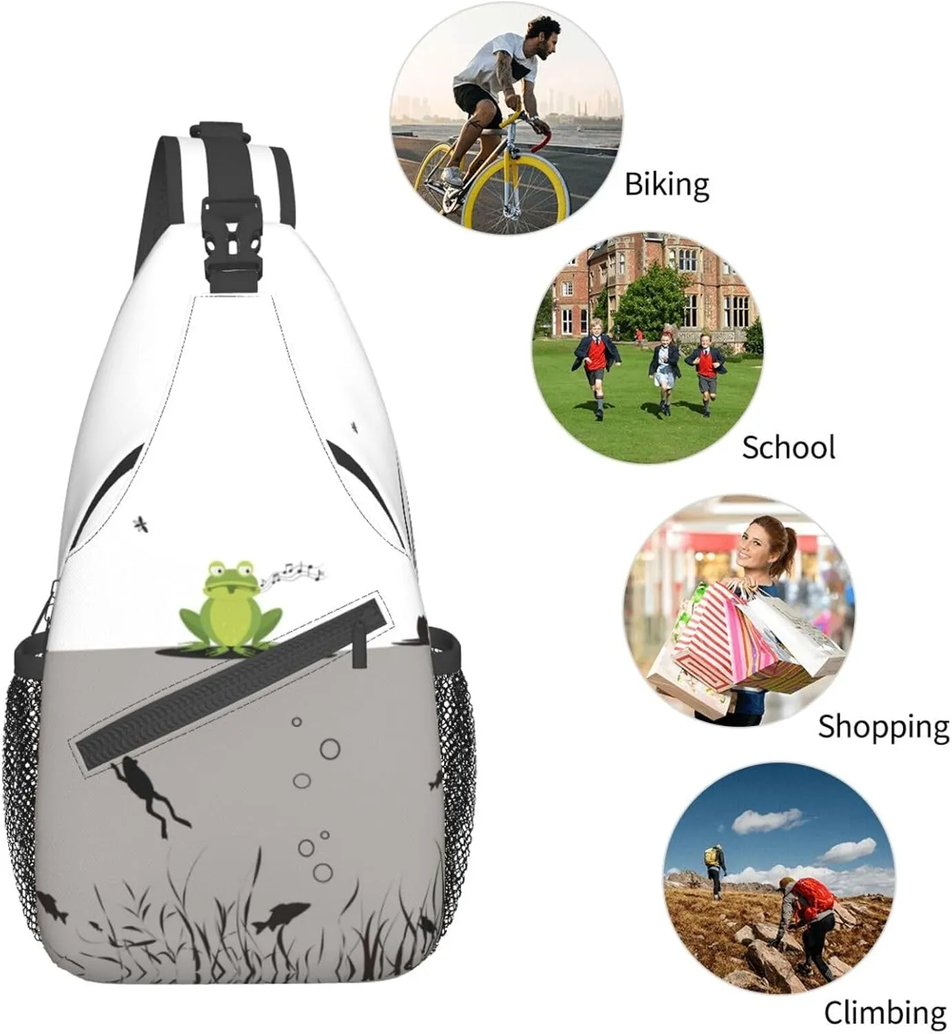 Black & White Frog Sling Bag - Crossbody Backpack for Women & Men - Hiking, Travel, Outdoor & Cycling