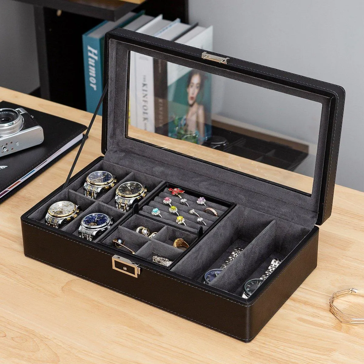 Black Single Layer Watch Box Jewellery Organizer for Watches and Accessories