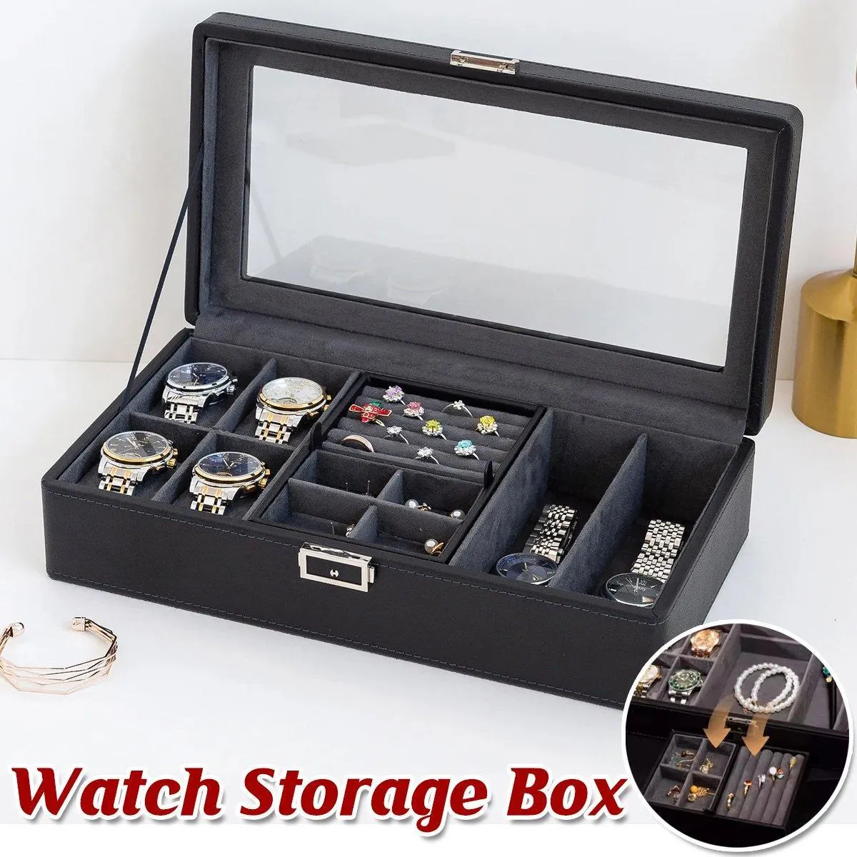 Black Single Layer Watch Box Jewellery Organizer for Watches and Accessories