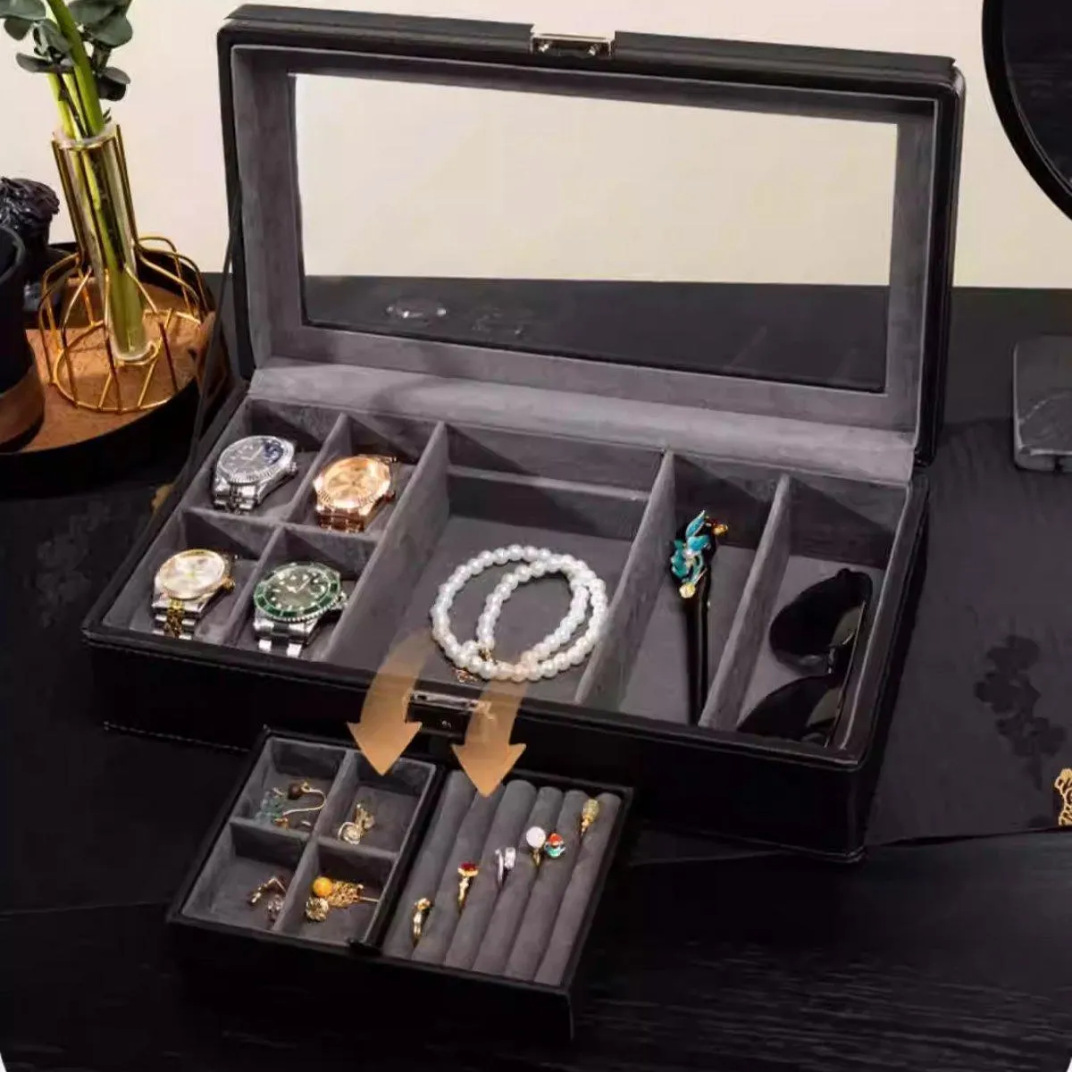 Black Single Layer Watch Box Jewellery Organizer for Watches and Accessories