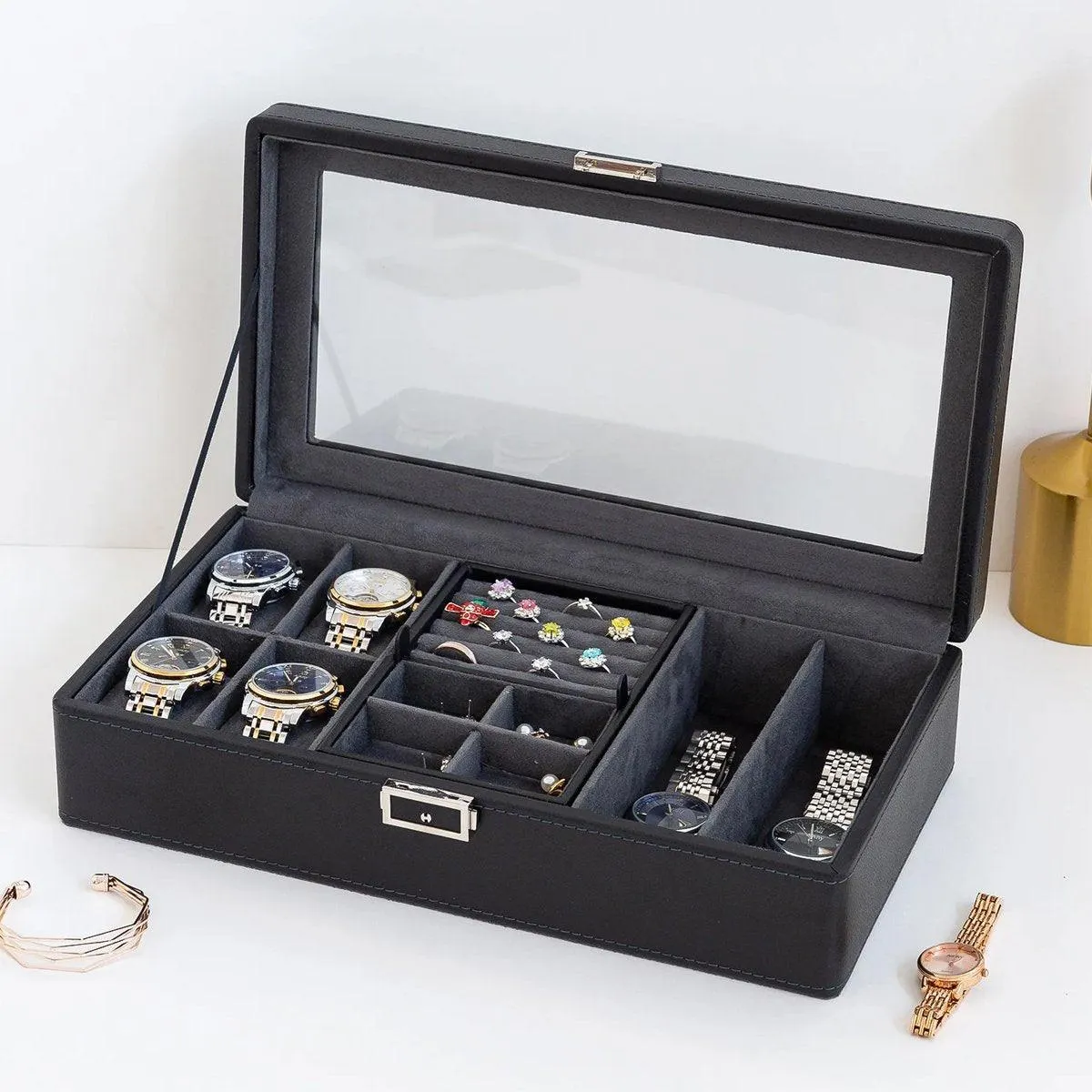 Black Single Layer Watch Box Jewellery Organizer for Watches and Accessories