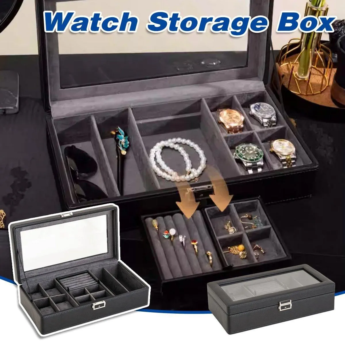 Black Single Layer Watch Box Jewellery Organizer for Watches and Accessories