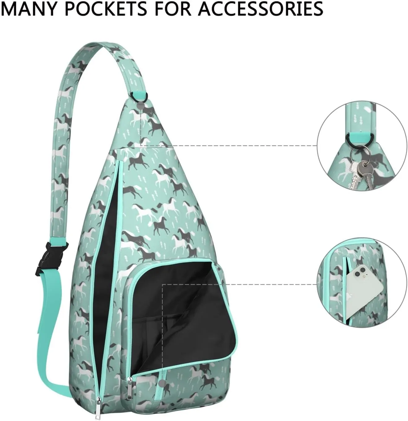 Black White Horse Crossbody Bag Daypack for Women Men Lightweight Waterproof Sling Bag Backpack Hiking Cycling
