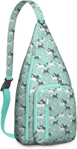 Black White Horse Crossbody Bag Daypack for Women Men Lightweight Waterproof Sling Bag Backpack Hiking Cycling