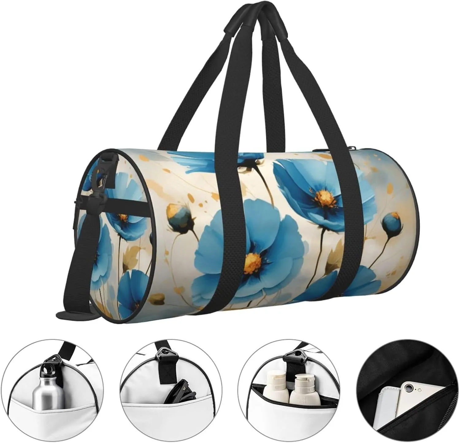 blue abstract flowers Printed Travel Bag,Round Personal Item Storage bag,Foldie Duffel Bag for Traveling Vacation,Fitness,Sports
