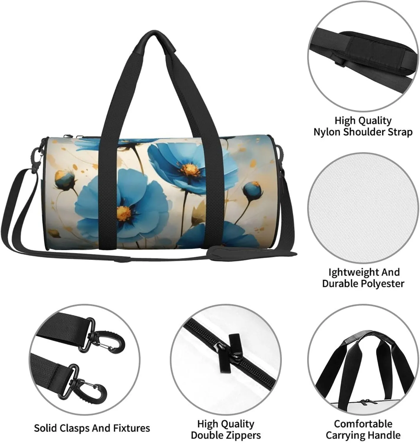 blue abstract flowers Printed Travel Bag,Round Personal Item Storage bag,Foldie Duffel Bag for Traveling Vacation,Fitness,Sports