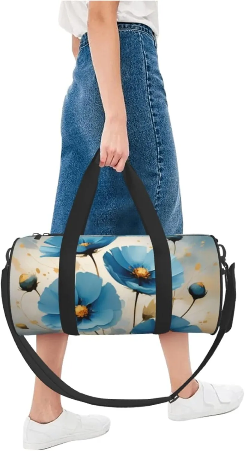 blue abstract flowers Printed Travel Bag,Round Personal Item Storage bag,Foldie Duffel Bag for Traveling Vacation,Fitness,Sports