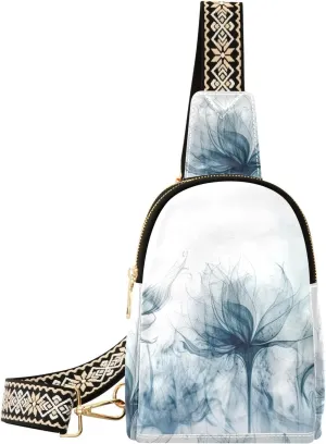 Blue Flower Emitting Print Women Sling Bag with Adjustable Strap Zipper Closure, PU Leather Water Resistant Crossbody Bag Purse Chest Bag