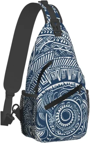 (Blue Polynesian Maori Tribal Pattern) Crossbody Chest Bag For Men Women Lightweight Sling Backpack Adjustable Shoulder Bag For Travel Outdoor Daily Use