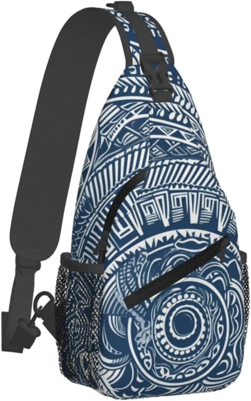 (Blue Polynesian Maori Tribal Pattern) Crossbody Chest Bag For Men Women Lightweight Sling Backpack Adjustable Shoulder Bag For Travel Outdoor Daily Use