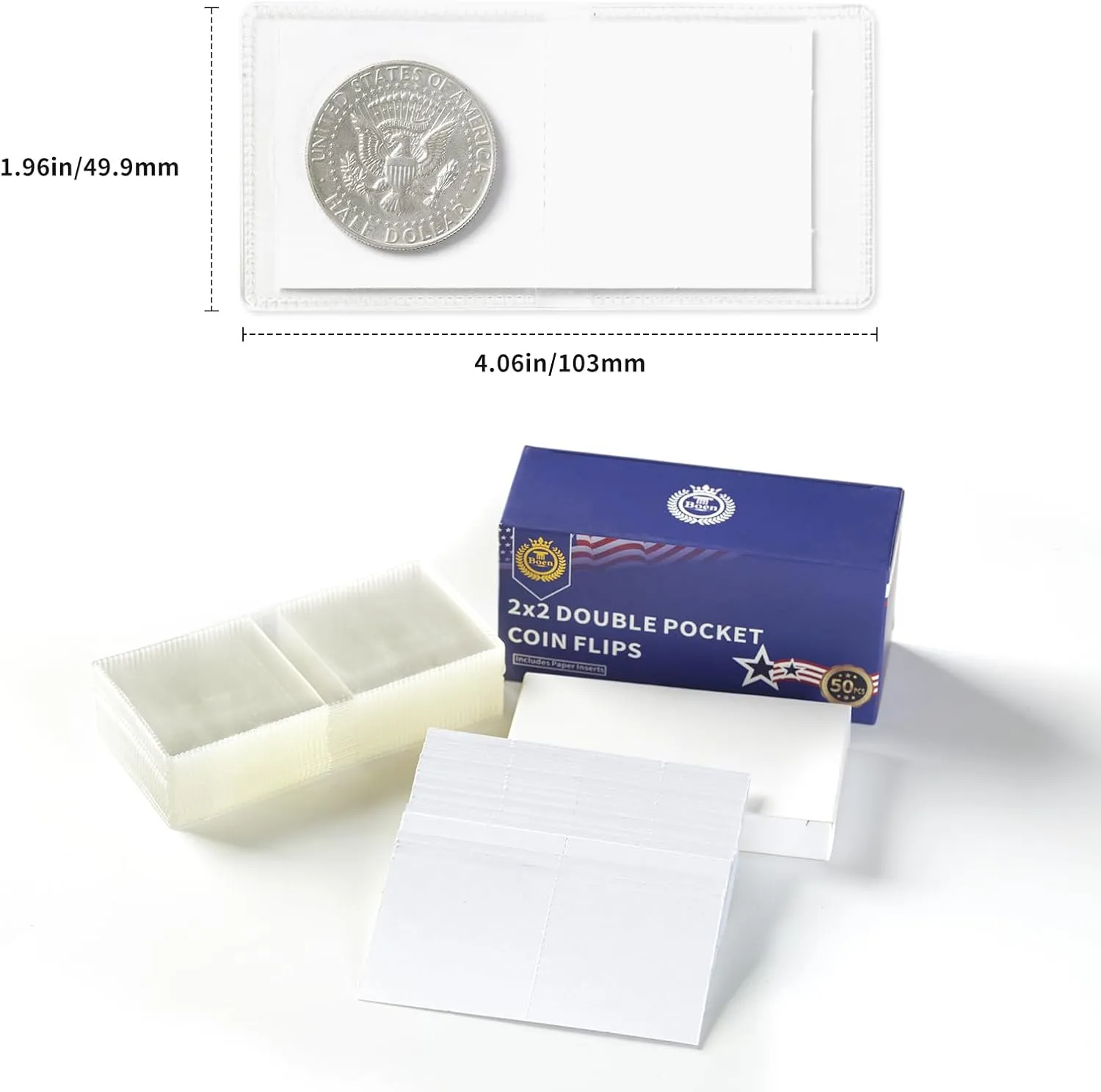 Boen 1200 Pieces 2x2 Double Pocket Coin Flip Clear Safe Long Term Storage Coin Sleeves Coin Collection Holder with Inserts