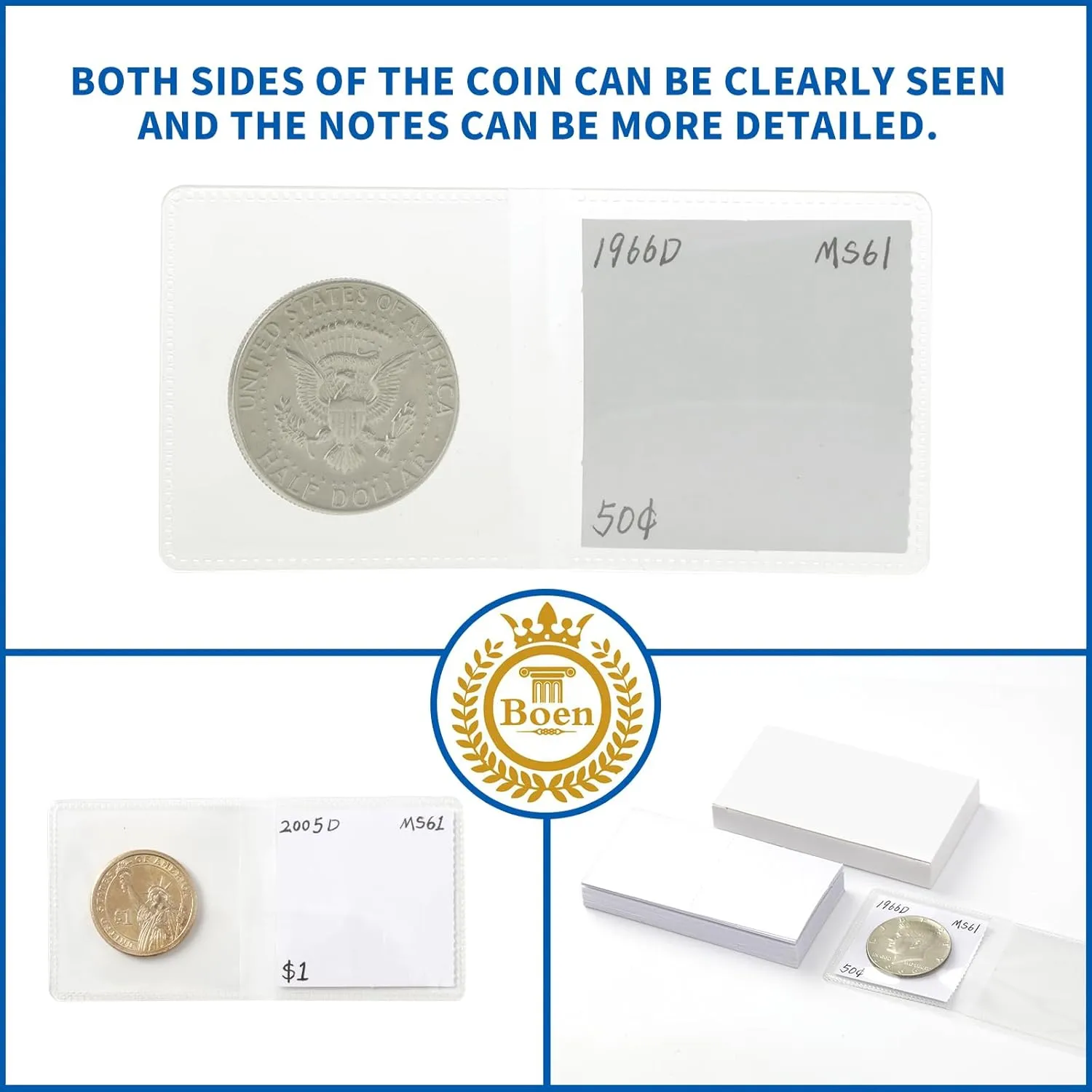Boen 1200 Pieces 2x2 Double Pocket Coin Flip Clear Safe Long Term Storage Coin Sleeves Coin Collection Holder with Inserts