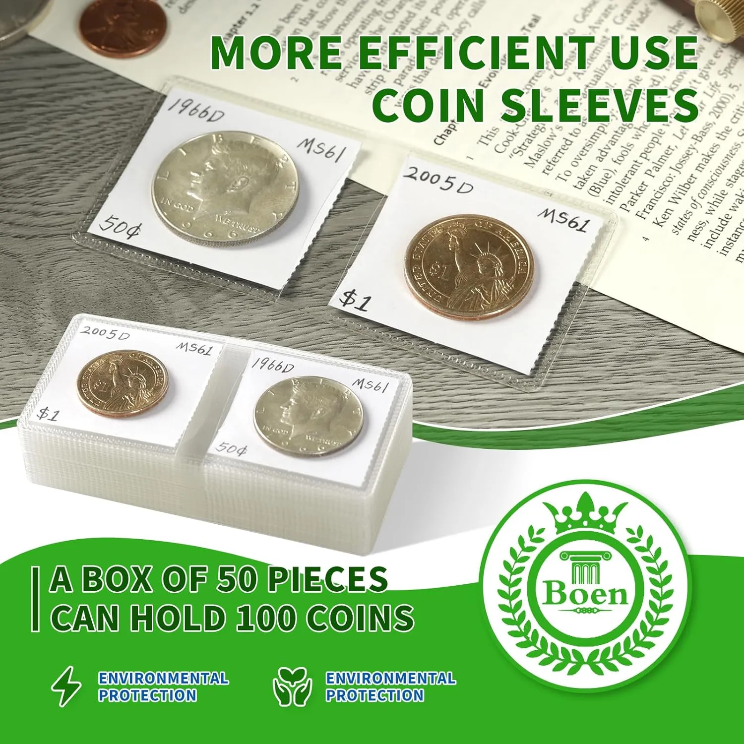 Boen 1200 Pieces 2x2 Double Pocket Coin Flip Clear Safe Long Term Storage Coin Sleeves Coin Collection Holder with Inserts