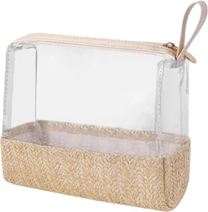 Boho Large Clear PVC Waterproof Makeup Bag with handle, Transparent Zipper Cosmetic Bag for Travel, Beach Bag for Sun screen Skincare (02Medium size-Beige)