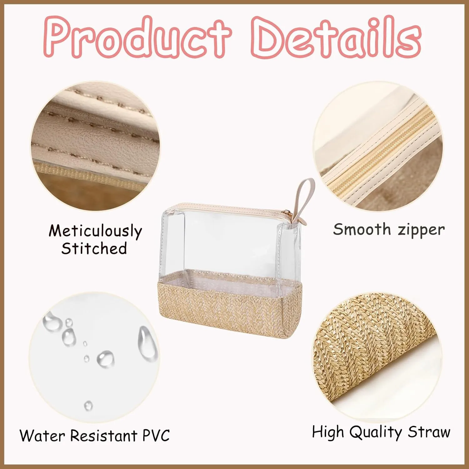 Boho Large Clear PVC Waterproof Makeup Bag with handle, Transparent Zipper Cosmetic Bag for Travel, Beach Bag for Sun screen Skincare (02Medium size-Beige)