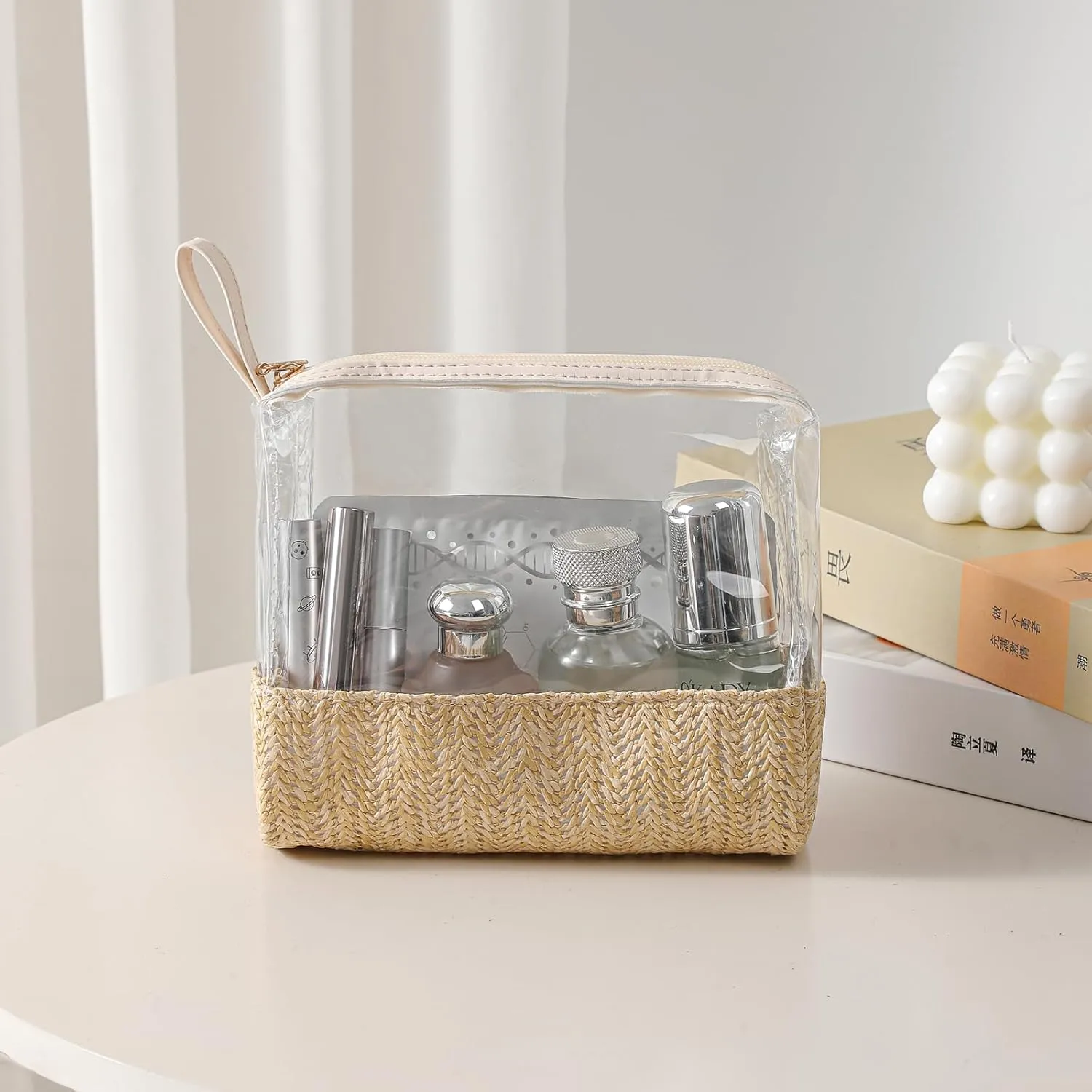 Boho Large Clear PVC Waterproof Makeup Bag with handle, Transparent Zipper Cosmetic Bag for Travel, Beach Bag for Sun screen Skincare (02Medium size-Beige)