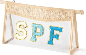 Boho Patch Cosmetic Bag - Summer SPF Blue Chenille Varsity Letter Clear Toiletry Kit Aesthetic Waterproof Portable Makeup Bag PVC Purse Travel Summer Beach Pouch Gifts for Women Girls