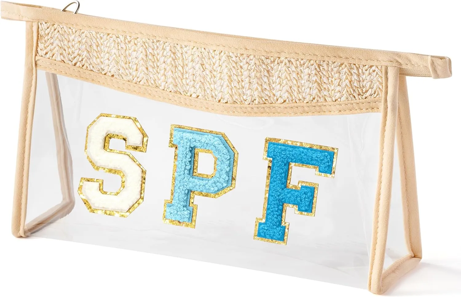 Boho Patch Cosmetic Bag - Summer SPF Blue Chenille Varsity Letter Clear Toiletry Kit Aesthetic Waterproof Portable Makeup Bag PVC Purse Travel Summer Beach Pouch Gifts for Women Girls