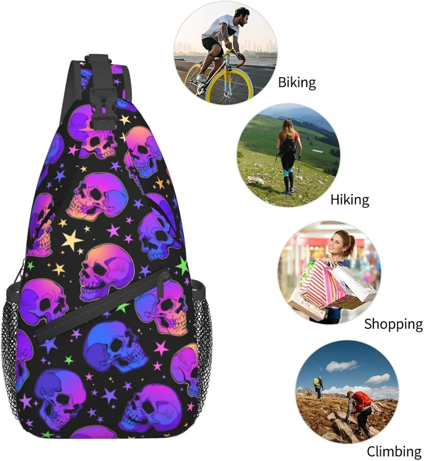 Bright Skulls With Glowing Stars Crossbody Sling Bag For Women Men Cute Halloween Chest Bag Shoulder Bag Sling Backpack Casual Sport Daypack For Travel Hiking