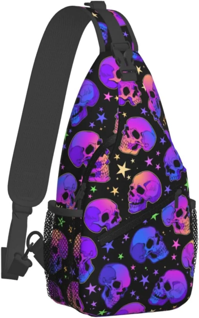 Bright Skulls With Glowing Stars Crossbody Sling Bag For Women Men Cute Halloween Chest Bag Shoulder Bag Sling Backpack Casual Sport Daypack For Travel Hiking