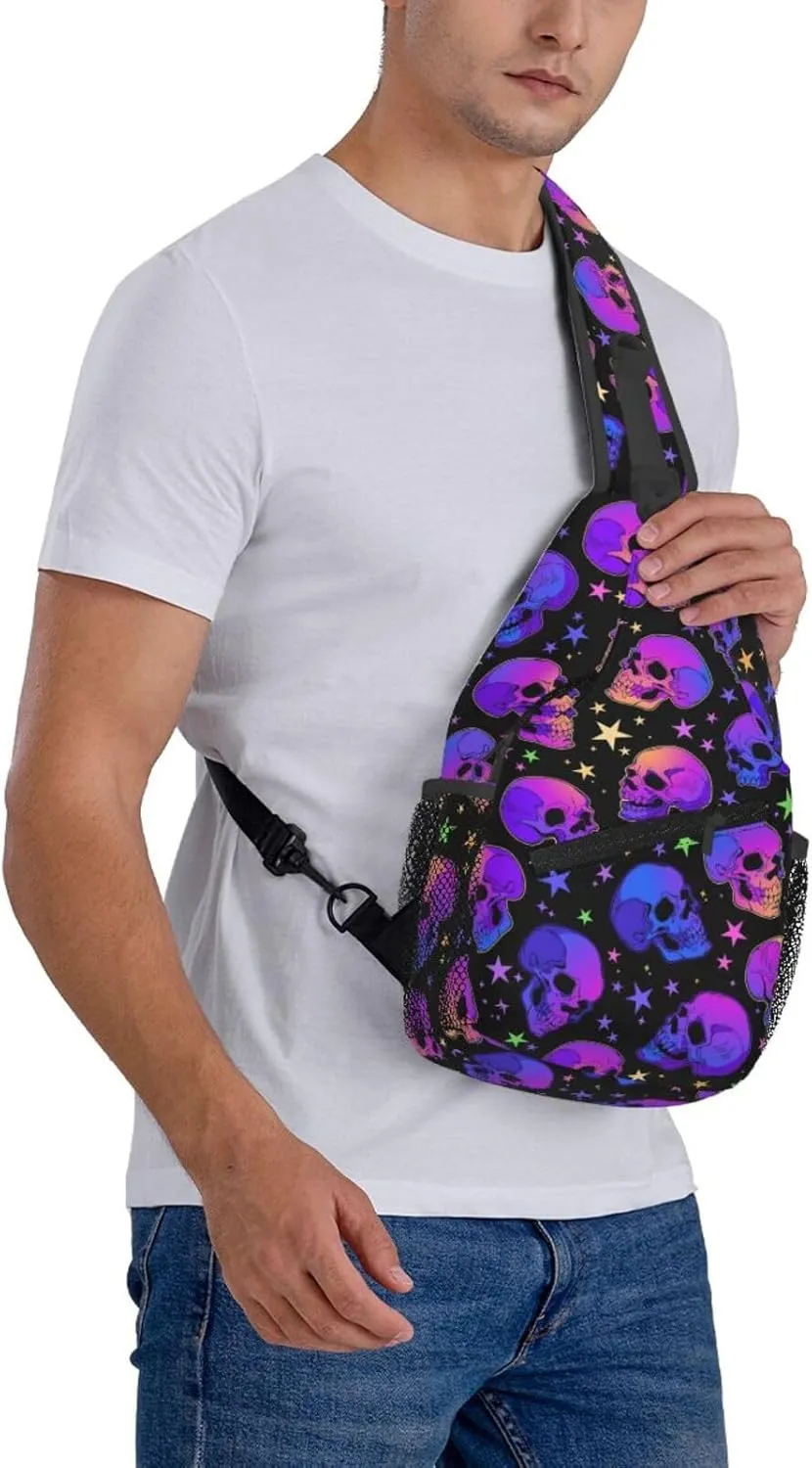 Bright Skulls With Glowing Stars Crossbody Sling Bag For Women Men Cute Halloween Chest Bag Shoulder Bag Sling Backpack Casual Sport Daypack For Travel Hiking