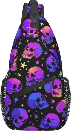 Bright Skulls With Glowing Stars Crossbody Sling Bag For Women Men Cute Halloween Chest Bag Shoulder Bag Sling Backpack Casual Sport Daypack For Travel Hiking