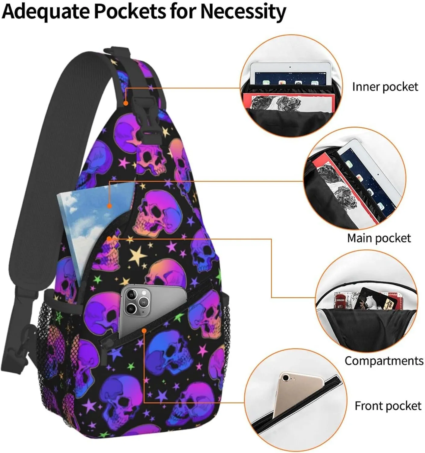Bright Skulls With Glowing Stars Crossbody Sling Bag For Women Men Cute Halloween Chest Bag Shoulder Bag Sling Backpack Casual Sport Daypack For Travel Hiking