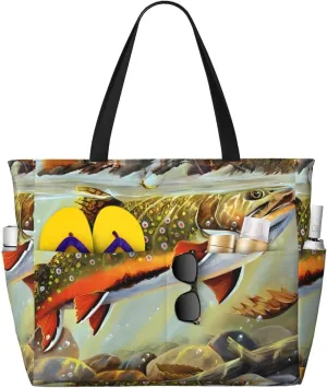 Brook Trout Fly Fishing Large Capacity Beach Travel Bag - Ideal for Vacation, Reusable Canvas Bags for Camping, Groceries, Moving