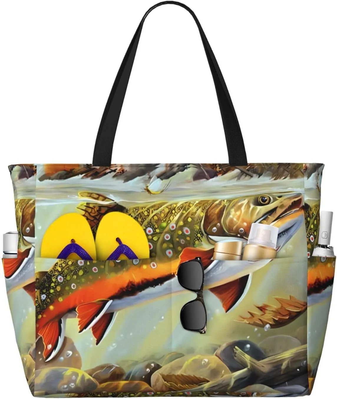 Brook Trout Fly Fishing Large Capacity Beach Travel Bag - Ideal for Vacation, Reusable Canvas Bags for Camping, Groceries, Moving